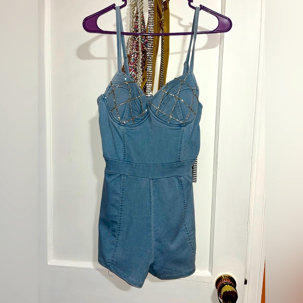 Women’s denim rhinestone romper